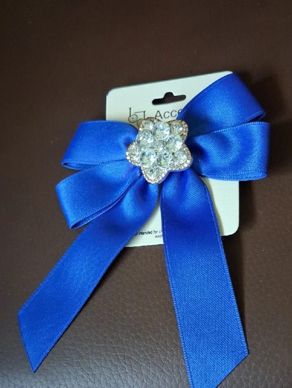 Cobalt Blue Satin Bow Brooch with Crystal Flower Center